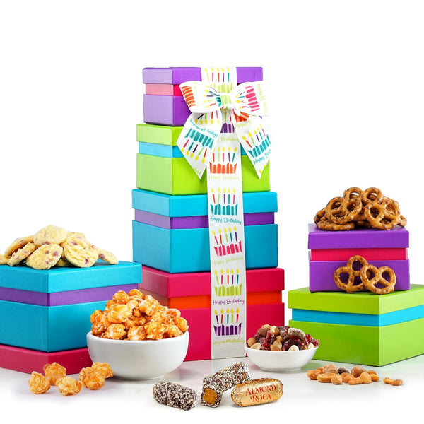 Broadway Basketeers Birthday Gift Basket Tower - Birthday Snack Box with Sweet