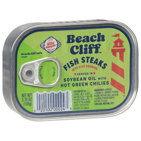 Beach Cliff Wild Caught Fish Steaks in Soybean Oil with Hot Green Chilies, 3.75 oz Can (Pack of 12) - 16g Protein per Serving - Great for Pasta & Seafood Recipes
