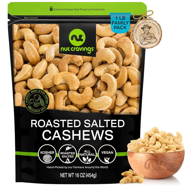 NUT CRAVINGS - Roasted Cashews Slightly Salted - Jumbo, Whole (16oz -