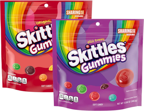 Skittles Gummy Candy Original and Wild Berry Sharing Size Bags Bundle - Includes