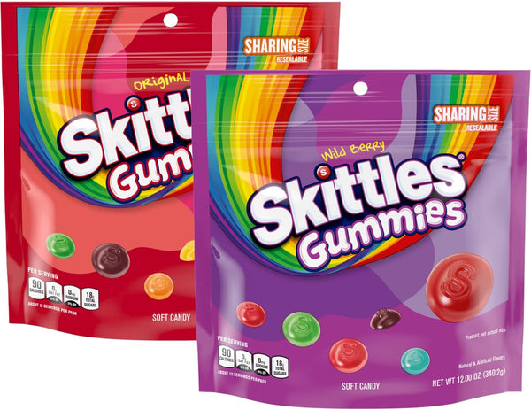 Skittles Gummy Candy Original and Wild Berry Sharing Size Bags Bundle - Includes
