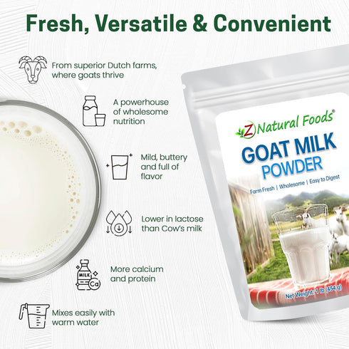 1 lb Z Natural Foods Goat Milk Powder - Pure Netherlands Full Cream Milk, Powdered Goat Milk, Highly Nutritious, Easy
