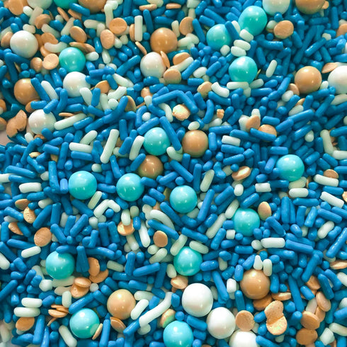 Shabby Elegant Chic Edible Confetti Sprinkles, 4oz Cake Cookie Cupcake Ice Cream Donut Quins in Blue Gold White