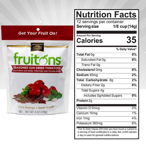 6-OZ (Pack 2) Traina Home Grown Fruitons Seasoned California Sun Dried Tomatoes and Italian Herbs - No Added Sugar, Non