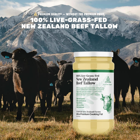 100% 14oz TURNER New Zealand Live-Grass-Fed New Zealand Beef Tallow, Ultra-Premium Cooking Fat