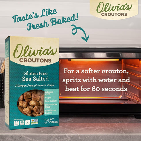 1 1 4.5 Oz (Pack 2) Olivias Gluten Free Croutons Combo For Salads Gluten Free Garlic and Gluten Free Sea Salt Flavored