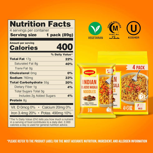 3 4 Pack Maggi Classic Indian Masala Noodles, min Indian Noodles, Mildly Spicy, Vegetarian, Halal, Kosher