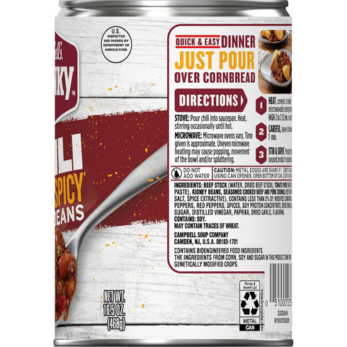 16.5 oz (Pack 12) Campbells Chunky Hot and Spicy Chili With Beans, Can