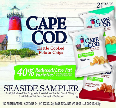 (24 Count) Pack Cape Cod Potato Chips, Reduced Fat Kettle Cooked, Seaside Sampler Variety