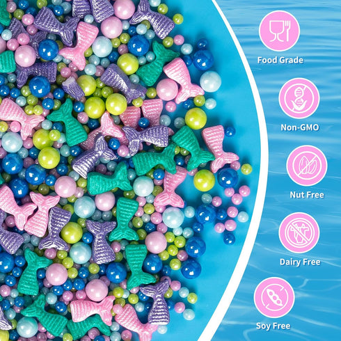 Decorating,130g/4.58oz, Summer Mermaid Sprinkles, Edible Pearl Sprinkle for Cake Blue Green Purple Pearls Mix Baking