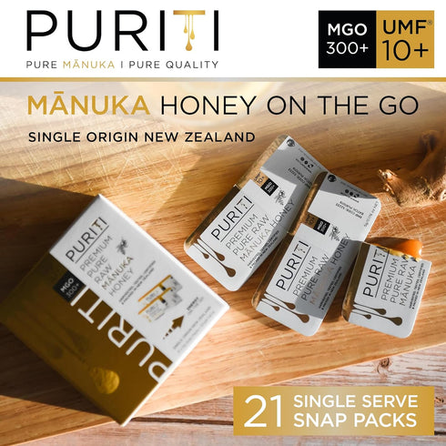 10+ (MGO300+) 21 0.18oz Packets, PURITI Genuine Raw Manuka Honey Snaps On The Go - UMF x Individual Snap Single Serve