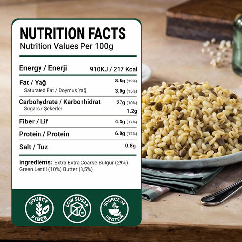 8,8 100% Duru Bulgur Pilaf with Green Lentils, Ounces, Heat & Eat, Natural, Non-GMO, BPA Free, No Trans Fat, No