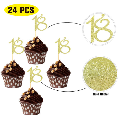 Sumerk 24PCS Gold Glitter 18 Cupcake Toppers for 18th Birthday Anniversary Party Decorations