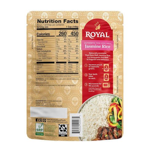 8.5 oz (Pack 4) Royal Authentic Thai Hom Mali Jasmine Rice - Microwave Rice Dinner Side Dish - Ready to Heat White Rice