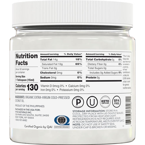16 oz Viva Naturals Organic Coconut Oil, fl Unrefined, Cold-Pressed Extra Virgin Coconut Oil, USDA Organic & Non-GMO