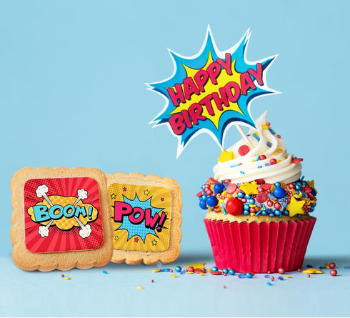 24 Pack Superhero Cookies | Bulk Party Favors Birthday Party | Individually Wrapped | Pow Boom Bang Wow Treats Snacks