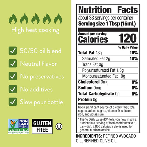 50/50 500 mL, 16.9 Oz BetterBody Foods Refined Avocado Olive Oil Blend, Non-GMO Cooking Oil, Gluten Free, Kosher