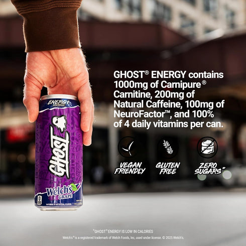 12-Pack, 16oz 200mg GHOST Energy Drink - Welch's Grape, Cans - Energy & Focus & No Artificial Colors - of Natural