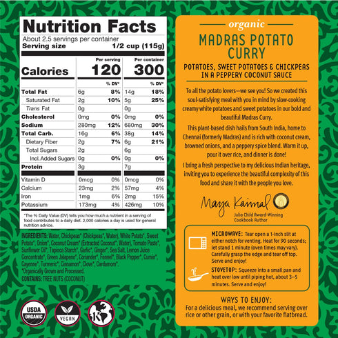 Maya Kaimal Organic Indian Madras Potato Curry | Microwaveable, Ready to Eat, Fully Cooked Potatoes, Sweet & Chickpeas