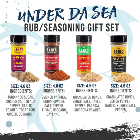 Set, 4 Set Lane's Under Da Sea Gift All-Natural Rubs Gift of Blackened Seasoning, Honey Sriracha Seasoning, Sweet Heat