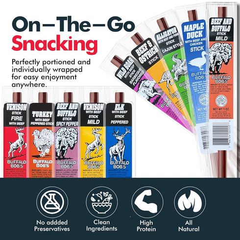 (10-Pack) Pack Jerky-n-Spice Wild Game Meat Sticks | Ultimate Exotic Snacks | Beef Jerky Gifts for Men | Delicious