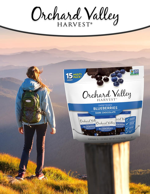 1 Ounce(Pack 15), Orchard Valley Harvest Dark Chocolate Covered Blueberries, of Gluten Free, Non-GMO, No Artificial