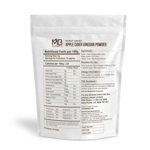 227G (8 oz/Half 75 MB Herbals Apple Cider Vinegar Powder | Pound) | Servings | Spray Dried | Gluten Free | No
