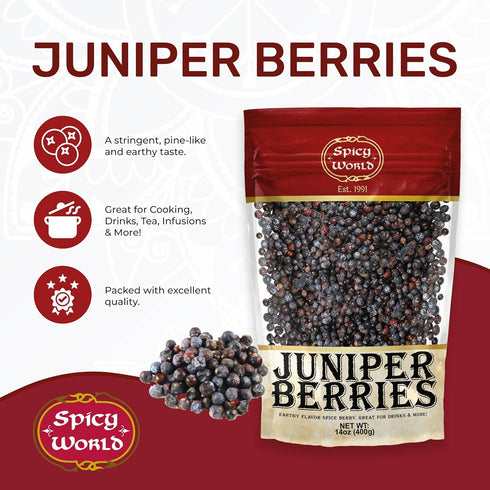 Spicy World 14 Juniper Berries Whole Ounce Bag- Pure - Great for Cooking, Drinks, Tea & More!