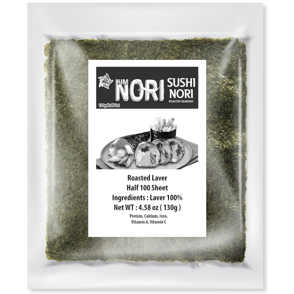 KIMNORI Sushi Nori Seaweed Sheets – 100 Half Cut Size Yaki Roasted Rolls Wraps, Resealable Bag, 100% Natural Laver, 130