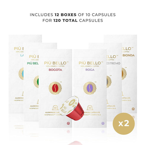 Pack (120 Count, 6 Piu Bello Espresso Coffee Pods Variety for Nespresso Original Machines Light Roast, Dark Roast
