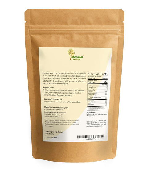 1 LB Indus Farms Lemon Juice Powder Made from Real Lemons, Fine Easy-Mix Powder for Drinks, Lemonade & Baking