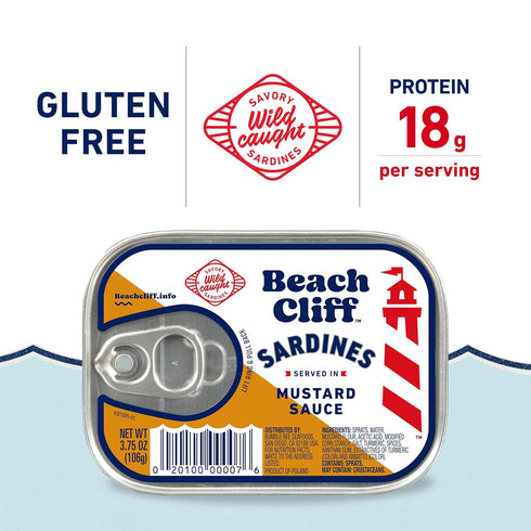 3.75 oz (Pack 12) 16g Beach Cliff Wild Caught Sardines in Mustard Sauce, Can of - Protein per Serving - Gluten Free