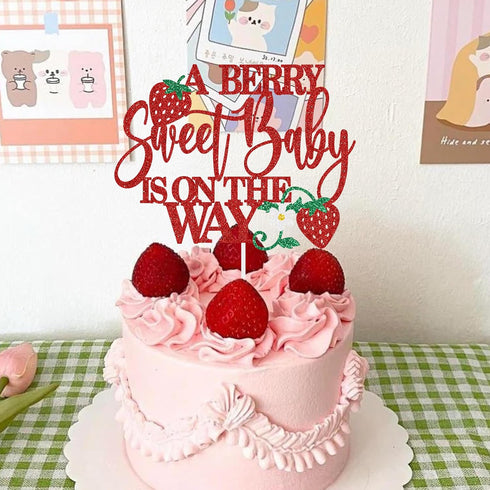 Gankbite A Berry Sweet Baby Is On The Way Cake Topper Glitter Strawberry Baby Shower Decoration For Girls