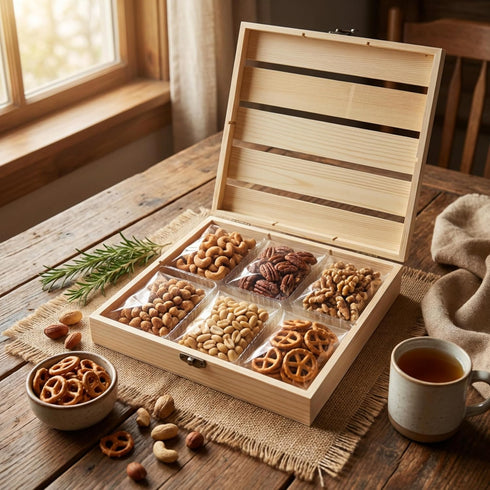 6-Compartment Honey Roasted Mixed Nuts Gift Basket Pecans, Walnuts, Cashews & Peanuts and Pretzel in Mini Bags, Wooden