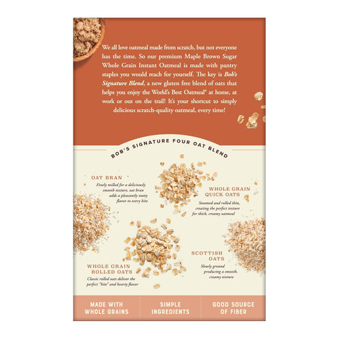 6 Packets Bob's Red Mill Instant Oatmeal, Maple Brown Sugar, Total, Non-GMO, Gluten Free, Whole Grain