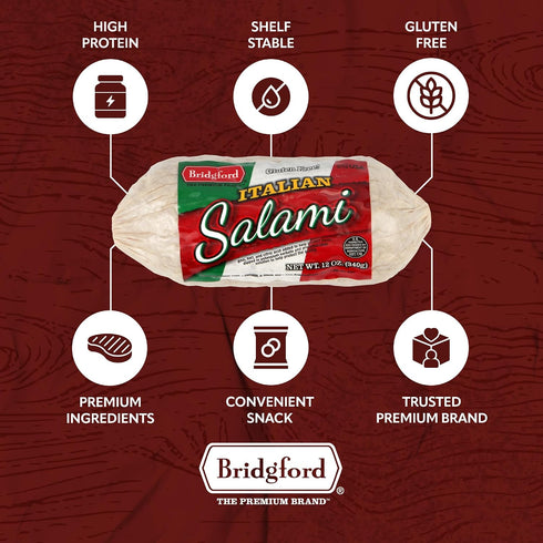 12 oz Pack 6 Bridgford Dry Italian Salami of - Zero-Carb, Protein-Rich, Naturally Fermented, Shelf-Stable Charcuterie