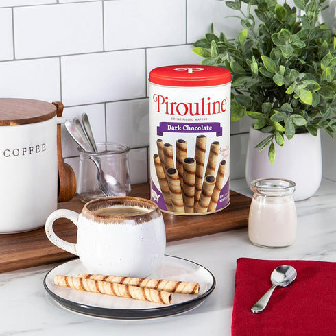14oz 6Pk Pirouline Rolled Wafers Dark Chocolate Rolled Wafer Sticks Bundled with Serving Tongs, Crme Filled Wafers