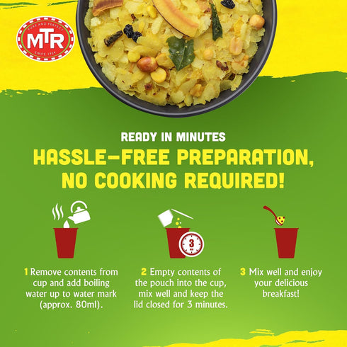 3minute 3 100% 80g, Pack 6) MTR Poha - Ready-to-Cook Mix - Authentic Indian Food in Just Minutes - Vegetarian - No