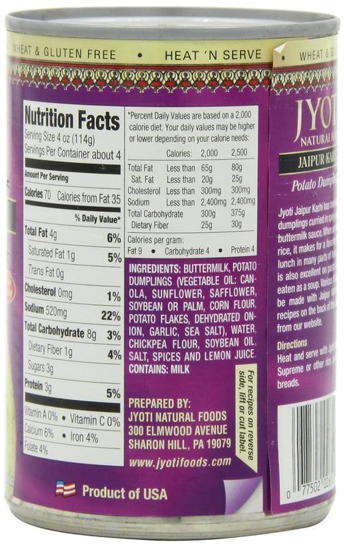 12 15 oz Jyoti Jaipur Karhi, cans of each, All Natural, Product of USA, Gluten Free, Vegetarian, BPA Free