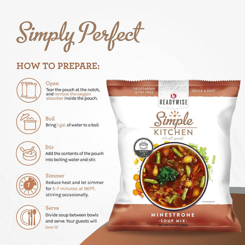 17 1 Pack READYWISE - Simple Kitchen, Minestrone Soup Mix, Servings, MRE, Vegetarian, Food, Soup Mix, for Events