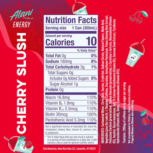 200mg 10 12 Oz 24 Pack Alani Nu CHERRY SLUSH, Sugar Free, Low Calorie Energy Drinks, Caffeine, Biotin, B Vitamins, Zero