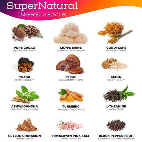 (30 OMYUM SuperNatural Coffee Alternative Servings) - Organic Superfood Adaptogen Mushroom Blend with Cacao, Lions