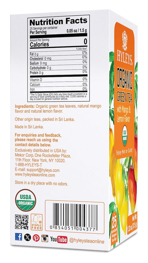 Hyleys Organic Green Tea Mango and Lemon Flavor - 25 Tea Bags
