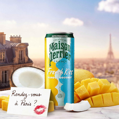 24Pk Maison Perrier French Kiss Sweetened Sparkling Juice Beverage, Mango & Coconut Flavors With Real Fruit Juices