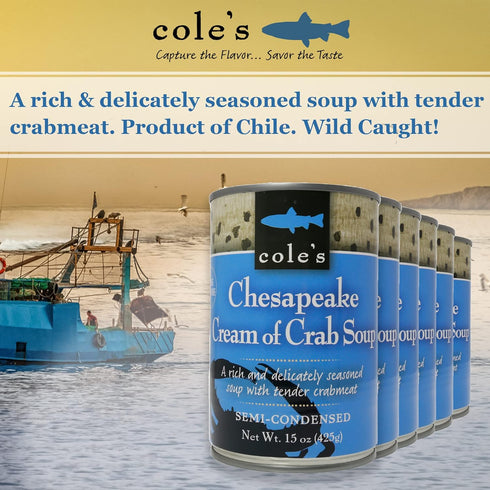 Pack 6 15 oz Coles - of Chesapeake Cream of Crab Soup - Premium Canned Fresh Crab Meat & Nutritious Semi Condensed