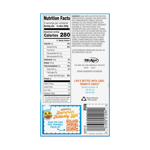 10 11.16 OZ Drake's Yodels, Twin-Wrapped Devils Food Cake Rolls, Box