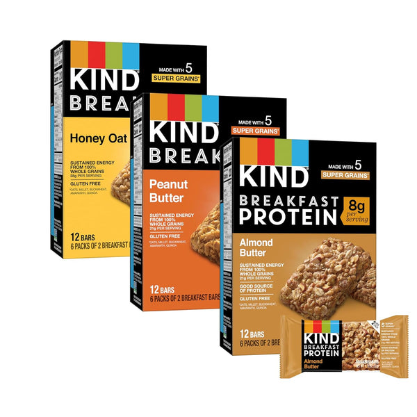 KIND Breakfast Bars, Variety Pack, Honey Oat, Almond Butter, and Peanut Butter,