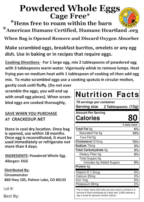 Cinnamonster 2 lbs (32 OZ), 70 1 Mylar Bag with Oxygen Absorber for Long Shelf-Life, Servings, Cage-Free Powdered Eggs