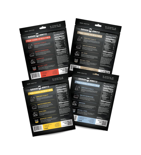 (Pack 4) SAVAGE Bacon Jerky Variety - Sizzlin Maple, Bourbon Glaze, Smokehouse, Sgt. Pepper of - Gluten Free, High