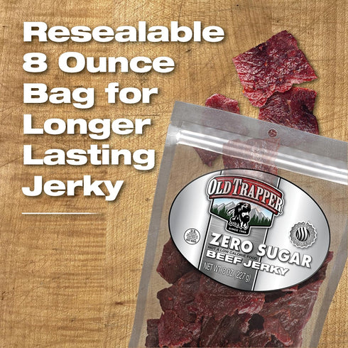 Old Trapper Zero Sugar Beef Jerky, Eight-Ounce Package, Natural Wood Smoked Keto-Friendly Snack, 14 Grams Protein